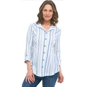 HABITAT Boyfriend Tunic Shirt TopStriped Cotton Roll Tab Sleeve Lagenlook Size L